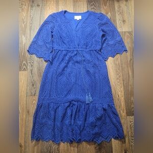 Destination 365 Womens Small Dress Blue Crochet Eyelet Notch Neck Tassels